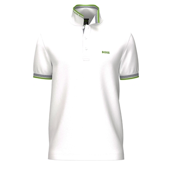 Hvid BOSS Polo med Flotte Grønne Kontraster i Logo og striber på krave og ærmer.