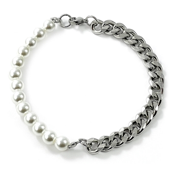Perler og stål armbånd sølvtonet