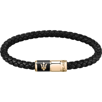 Lækkert sort flettet læder armbånd med flot guldfarvet lås med logo fra Maserati.