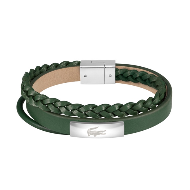 Lækkert grønt triple læderarmbånd med lås og logo i sølvfarvet stål.