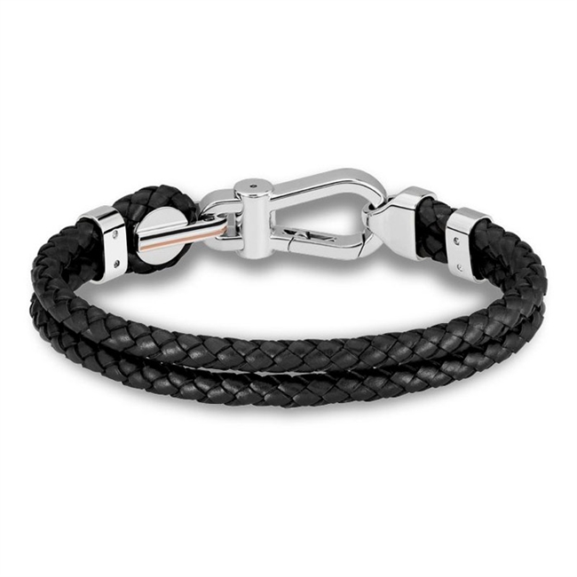 Flot sort dobbelt læder armbånd med carabin lukning fra BOSS.