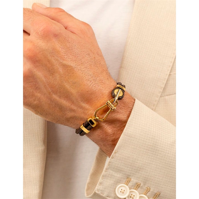 Detaljeret læder armbånd i brun & guldtone fra BOSS