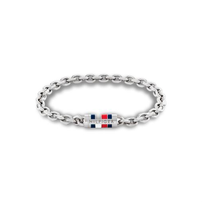 Moderne sølvtonet armbånd fra Tommy Hilfiger med logo og signaturstriber