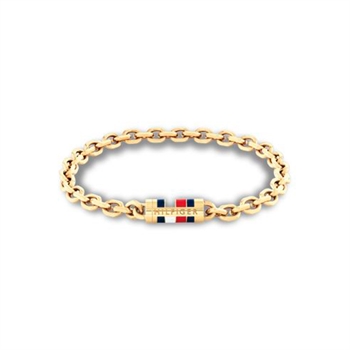Moderne guldtonet armbånd fra Tommy Hilfiger med logo og signaturstriber