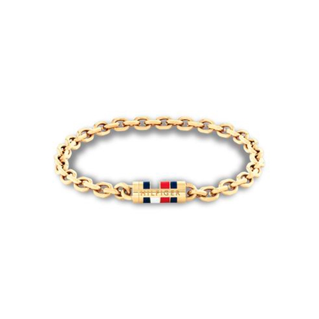 Moderne guldtonet armbånd fra Tommy Hilfiger med logo og signaturstriber
