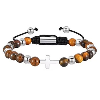 Perlearmbånd Tiger Eye & Stål med Kors