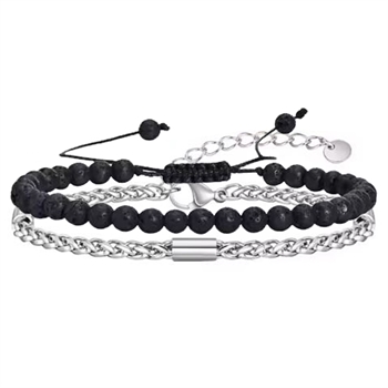 Armbånd sæt Lavasten og Sølvtonet stål med vedhæng