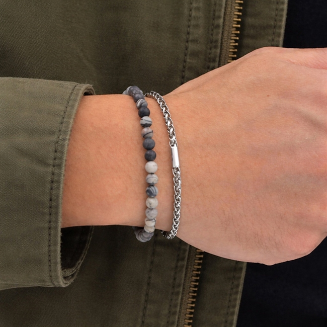 Armbånd sæt Grå Sten og Sølvtonet stål med vedhæng