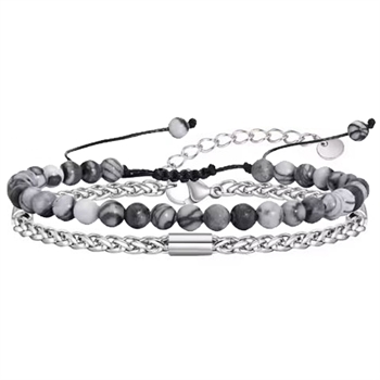 Armbånd sæt Grå Sten og Sølvtonet stål med vedhæng