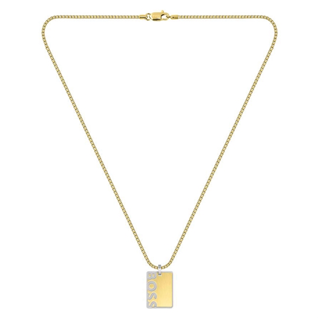 Flot guldtone halskæde fra BOSS med logo dogtag.