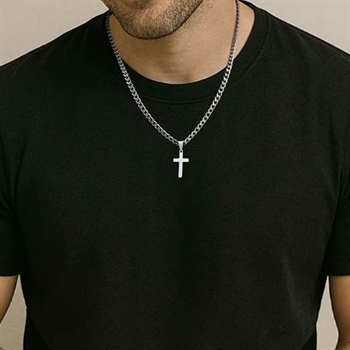 Halskæde Curb & Kors Sølvtonet