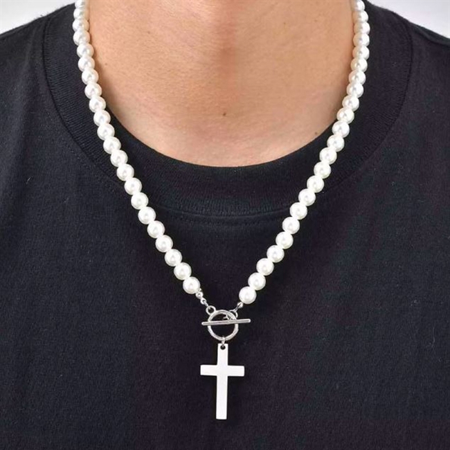 Halskæde med Hvide Perler & Kors