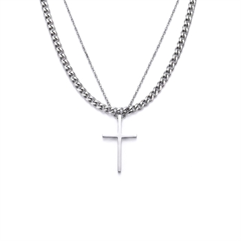 Halskæde Dobbelt design med Kors & sølvtonet kæde 5mm