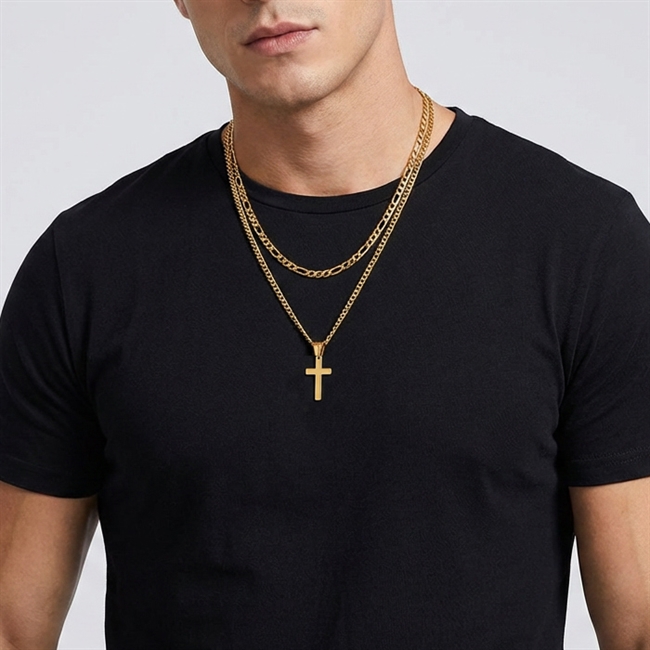 Halskæde sæt Kors & Curb kæde Guldtonet