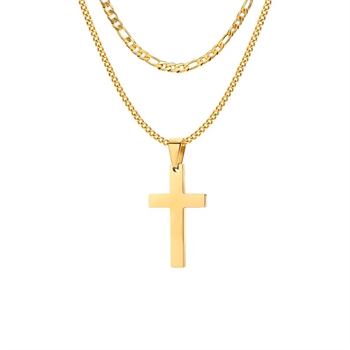 Halskæde sæt Kors & Curb kæde Guldtonet