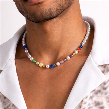 Perlehalskæde med flerfarvede perler