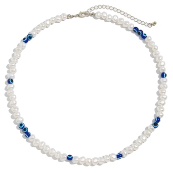Perlehalskæde med hvide & blå perler
