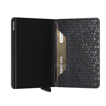 Stilfuld Slimwallet fra Secrid i sort med hexagon mønster.