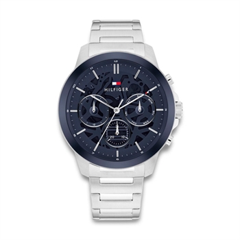 Lækkert sølvfarvet quartz ur fra Tommy Hilfiger med navy skive