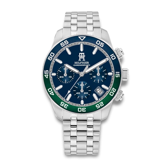 Lækkert sølvtonet quartz ur fra Tommy Hilfiger med blå skive