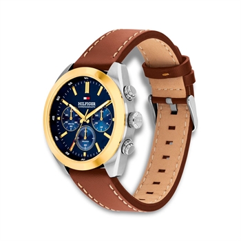 Lækkert two-tone herreur fra Tommy Hilfiger med navy skive og brun lædderrem