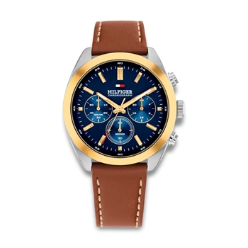 Lækkert two-tone herreur fra Tommy Hilfiger med navy skive og brun lædderrem