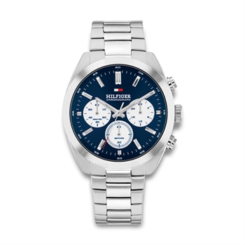 Moderne sølvfarvet quartz ur fra Tommy Hilfiger med pæn navy skive