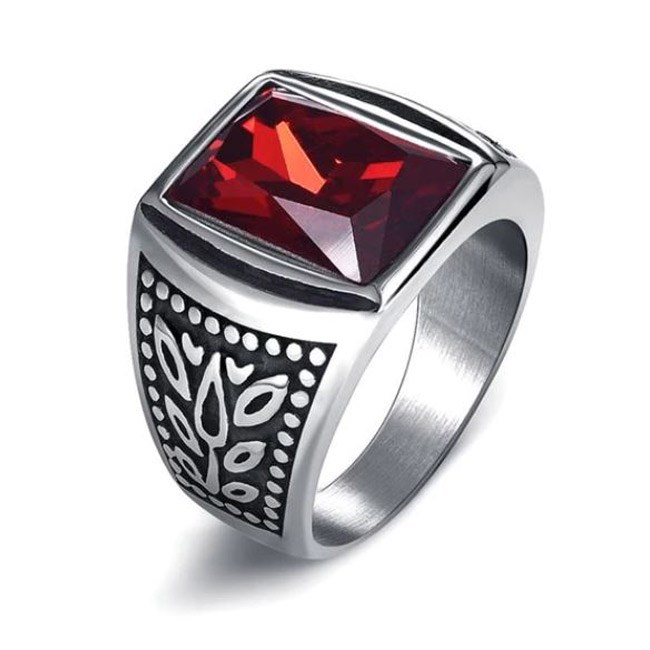 Herre Ring Steel & Red Zircon