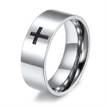 Herre Ring Steel & Black Cross 8 mm