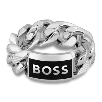 Flot flettet ring med logo fra BOSS i sølvtone.