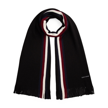 Stilrent sort tørklæde fra Tommy Hilfiger med brandets ikoniske striber
