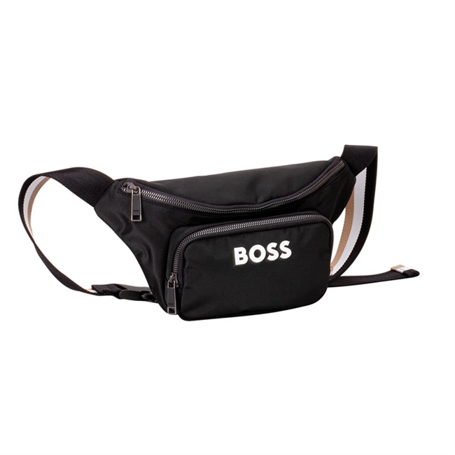 Sort bæltetaske med logo og logostriber på remmen fra BOSS.