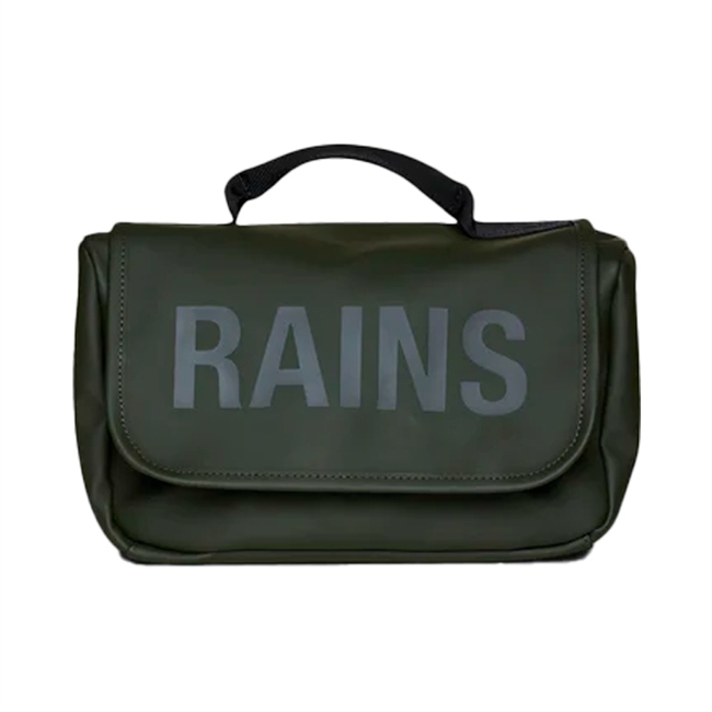 Lækker vandtæt toilettaske i grøn med logo fra RAINS