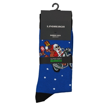 Blå Julestrømper med Motiv af Julemanden på Motorcykel.