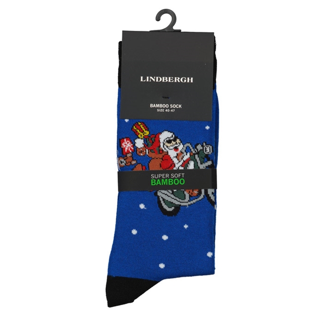Blå Julestrømper med Motiv af Julemanden på Motorcykel.