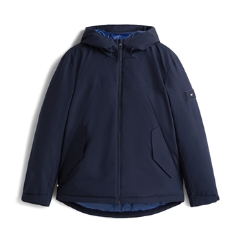 Pæn og stilren tech jakke i blå med hætte fra Tommy Hilfiger 