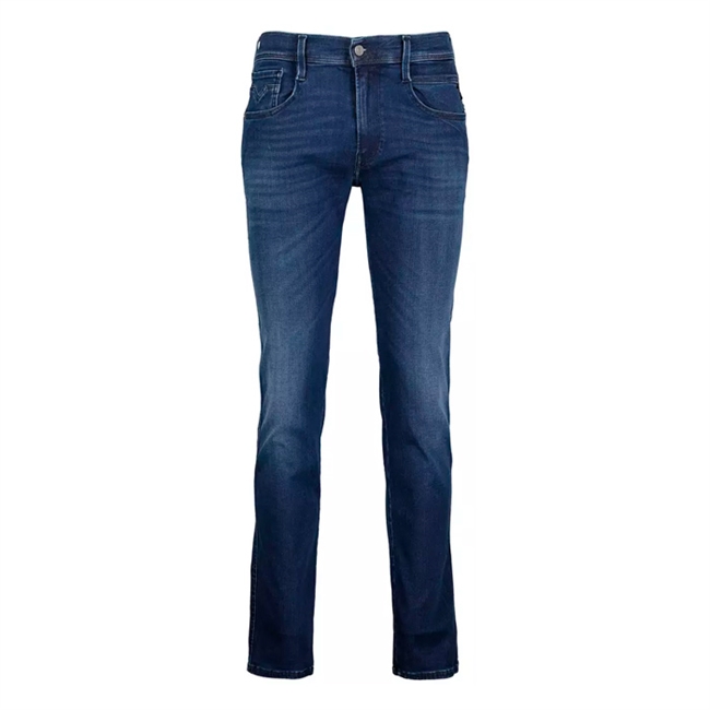 Lækre mørkeblå jeans fra Replay med deres velkendte Hyperflex Cloud og gode vaskede detaljer