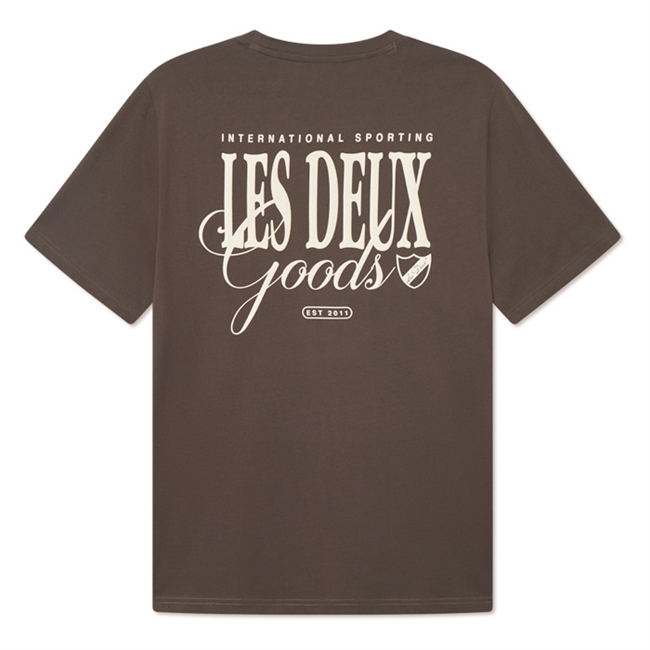 Moderne mørkebrun t-shirt fra Les Deux med matchende grafisk print bagpå og foran