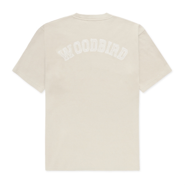 Moderne struktureret t-shirt i beige med logo på bryst og på ryggen fra Woodbird