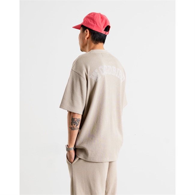 Moderne struktureret t-shirt i beige med logo på bryst og på ryggen fra Woodbird