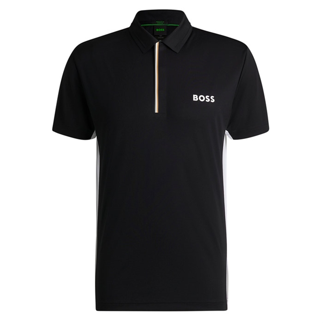 Sporty sort polo fra BOSS i regular fit med logo farver ved den skjulte stolpe lukning.