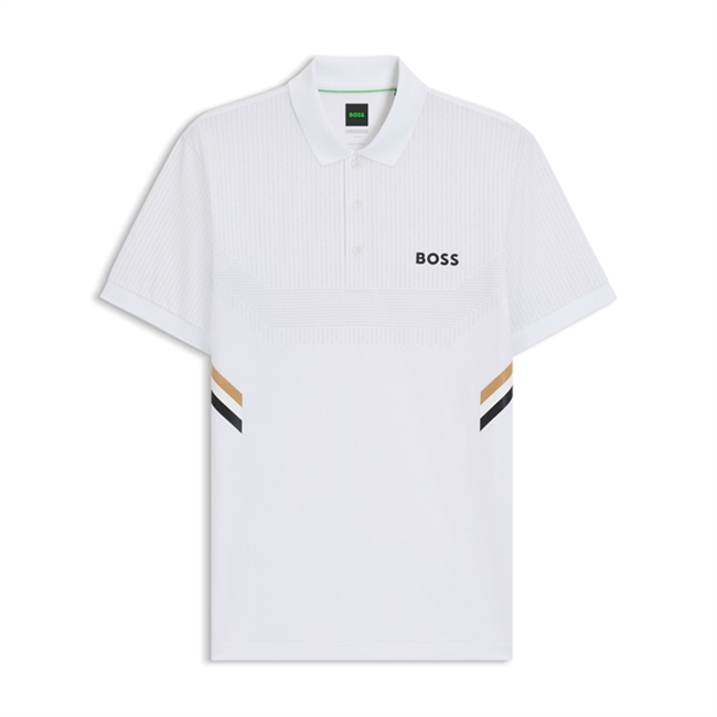 Moderne hvid sports polo fra BOSS med logo og de ikonisk BOSS striber på siden