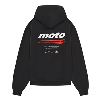 Stilren oversized hoodie i sort fra Bareen med "MOTO" print på bryst og ryggen