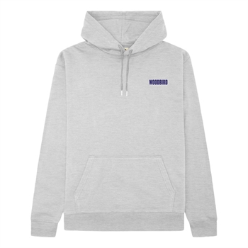Moderne grå hoodie med logo i fronten og print på ryggen fra Woodbird