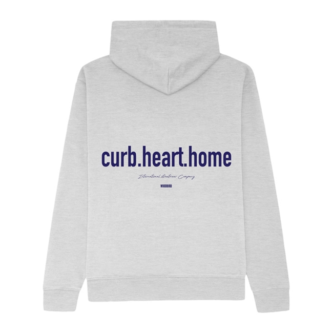 Moderne grå hoodie med logo i fronten og print på ryggen fra Woodbird