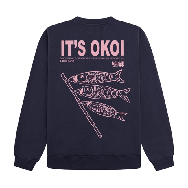 Unik navy sweatshirt med logo i fronten og print på ryggen fra Woodbird