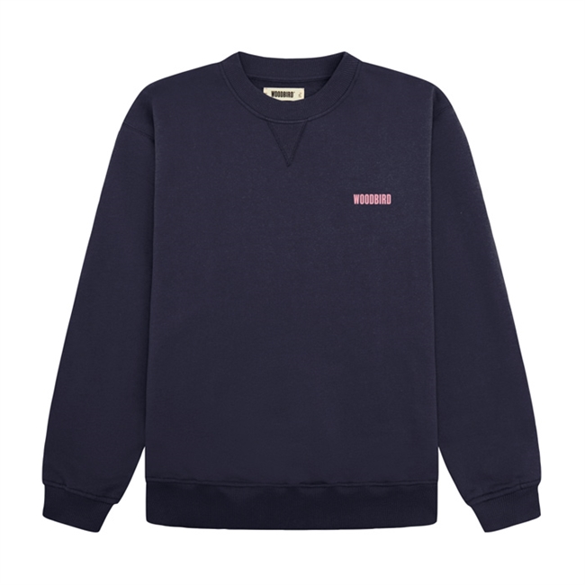 Unik navy sweatshirt med logo i fronten og print på ryggen fra Woodbird