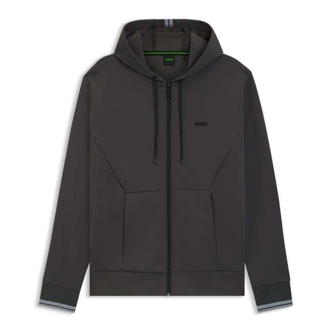 Moderne grå hoodie m. lynlås og logo fra BOSS