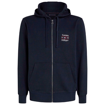 Flot mørkeblå sweatshirt med lynlås og hætte fra Tommy Hilfiger.
