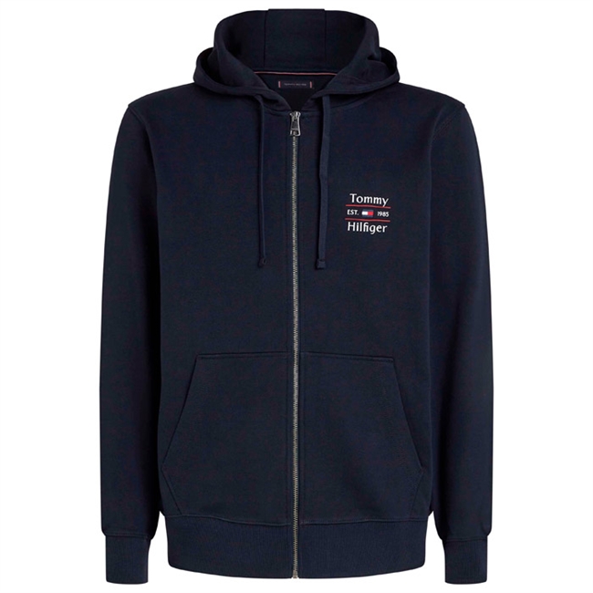 Flot mørkeblå sweatshirt med lynlås og hætte fra Tommy Hilfiger.